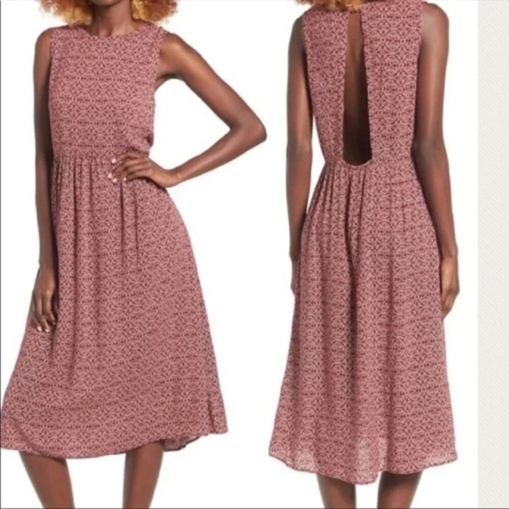 Hinge Red White Paisley Print Open Back Keyhole Sleeveless Midi Dress Women's XS